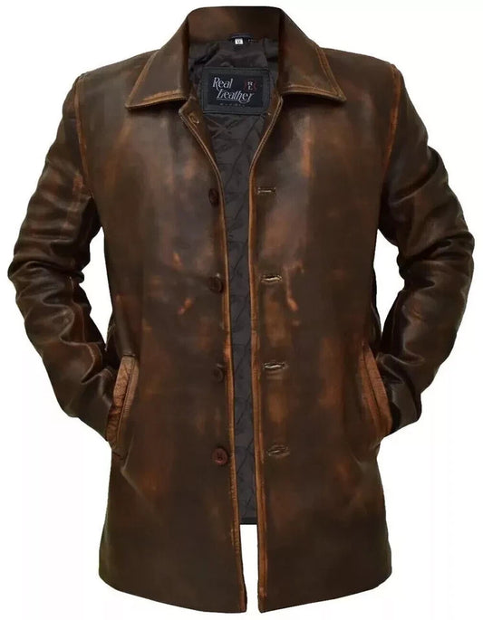 Majestic Leather - New Men's Western Distressed Sheepskin Sheriff Long Real Leather Jacket Coat