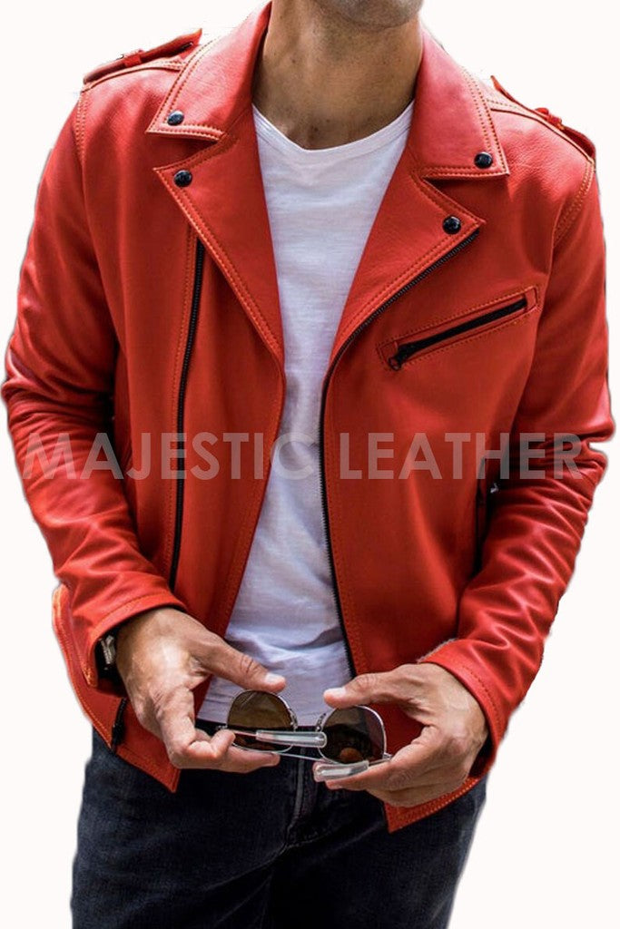 Majestic Leather - Men's Fashion Red Vintage Motorcycle Cafe Racer Genuine Leather Jacket