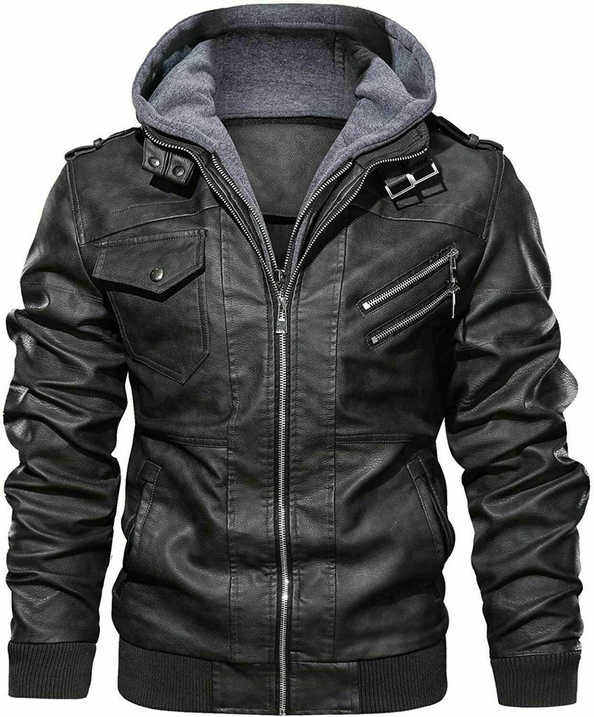 Majestic Leather - Men's Genuine Real Leather Jacket Black Bomber Winter Hooded Jacket Coat