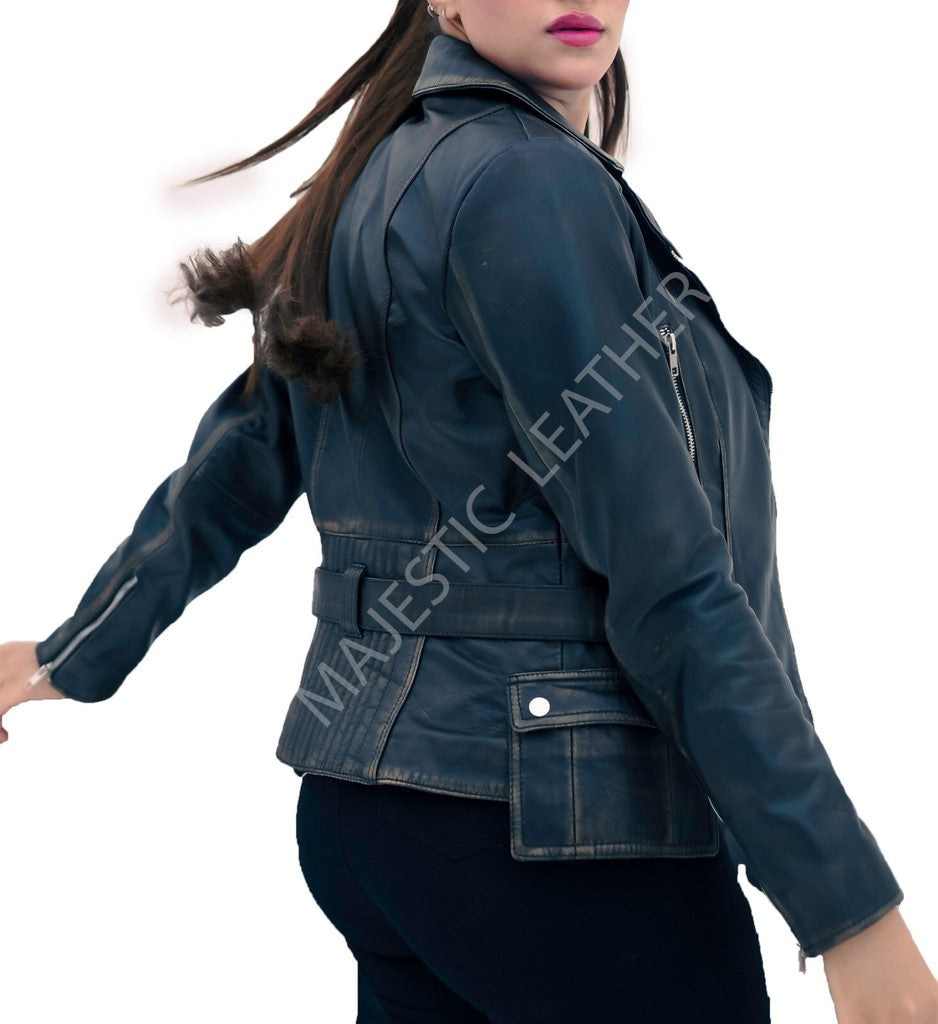 Majestic Leather - WOMEN REAL LEATHER BIKER DISTRESS VINTAGE JACKET SOFT LAMBSKIN