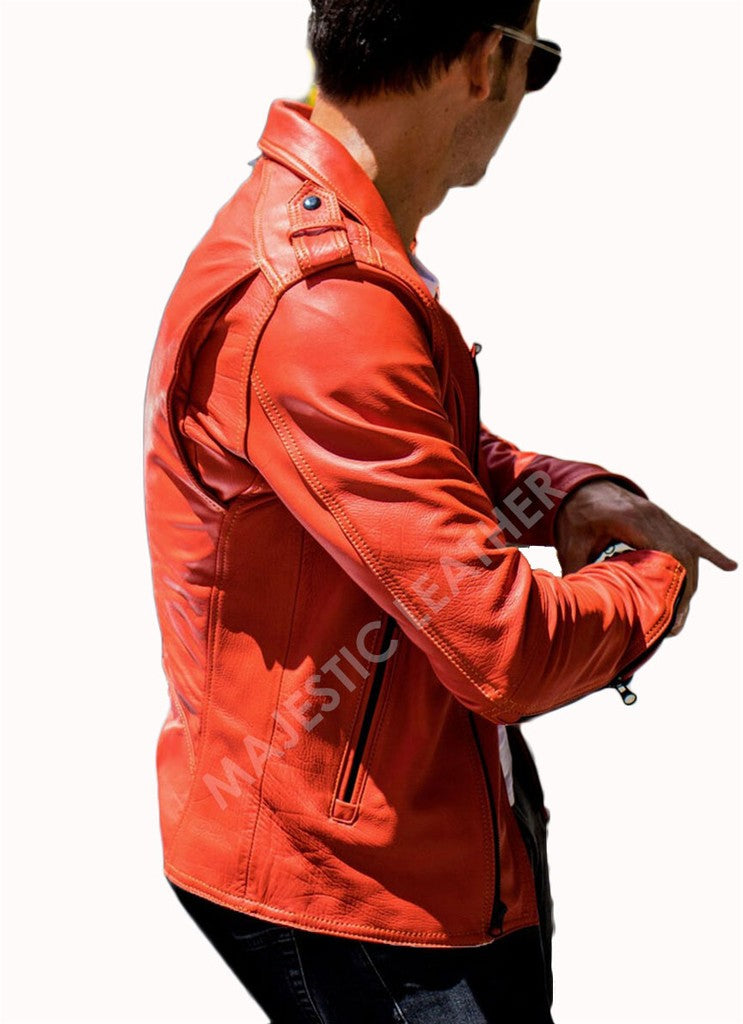 Majestic Leather - Men's Fashion Red Vintage Motorcycle Cafe Racer Genuine Leather Jacket