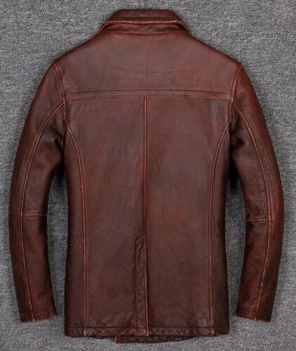 Majestic Leather - Mens Brown Blazer Coat Peacoat Motorcycle Cafe Racer Distress Leather Jacket