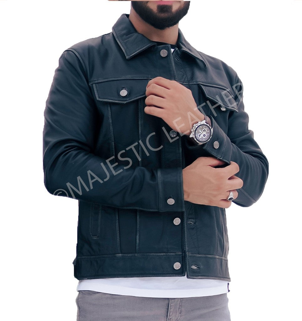 Majestic Leather - New Men's Trucker Black Vintage Biker Leather Jacket