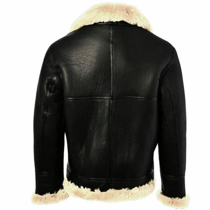 Majestic Leather - Mens Black Leather Jacket Genuine Sheepskin Aviator Fur B3 Bomber