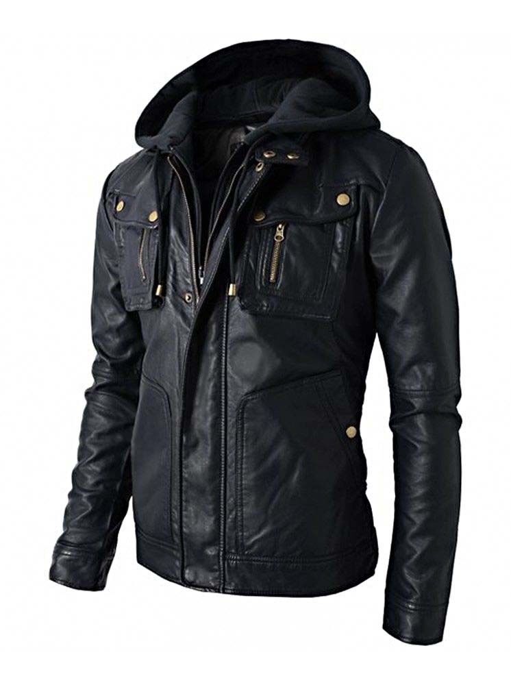 Majestic Leather - New Men's Motorcycle Brando Style Biker Real Soft Black Leather Hoodie Jacket