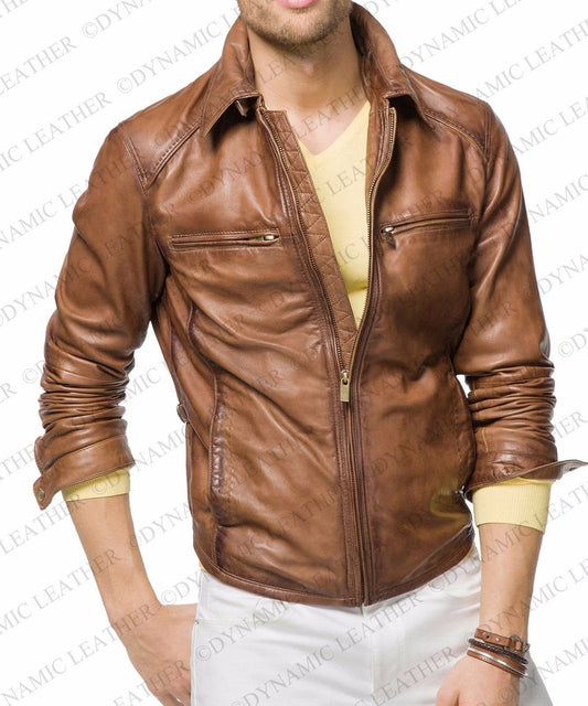 Majestic Leather - Men Leather Jacket Brown Slim Fit Style Biker Leather Jacket