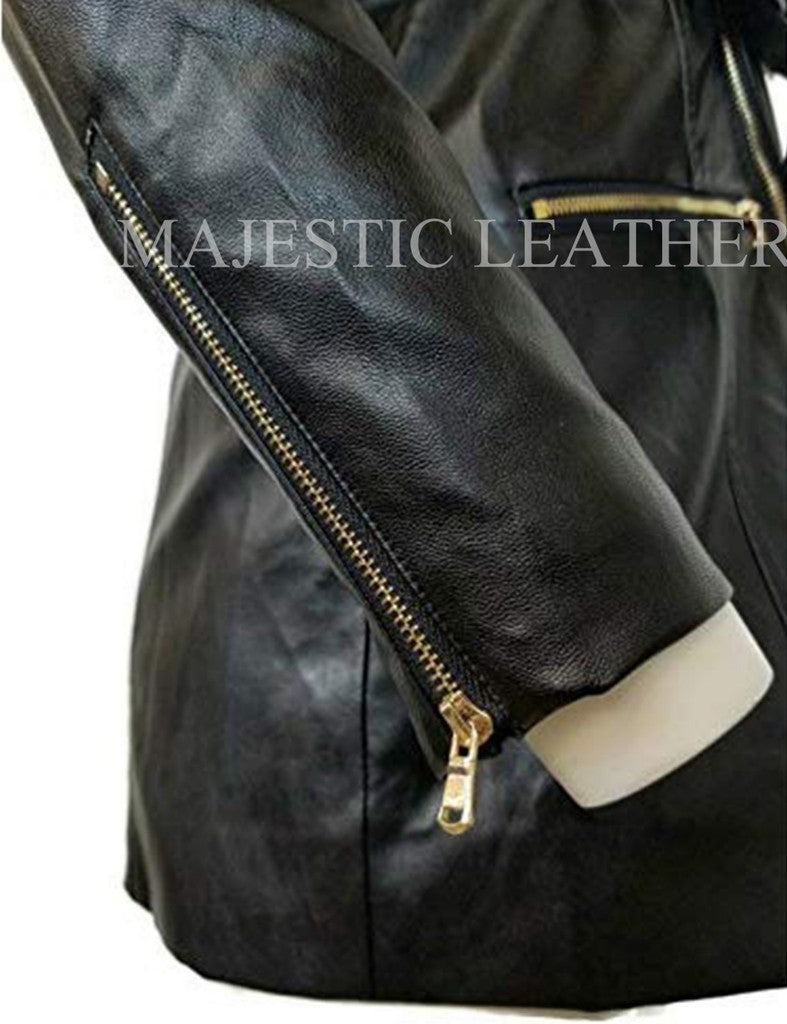 Majestic Leather - Women's Zip-up Long Jacket Belt Real Leather Trench Coats
