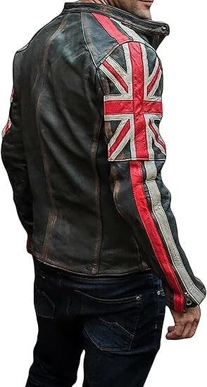 Majestic Leather - Men's Motorcycle Vintage Racer Union Jack Leather Black Distressed Jacket