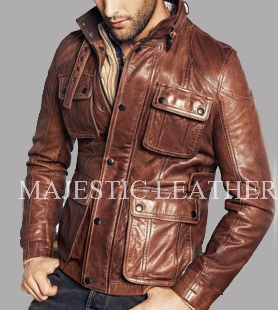 Majestic Leather - Herren Biker Vintage Antik Braun Nieten Taschen Cafe Racer Jacke Echtes Leder