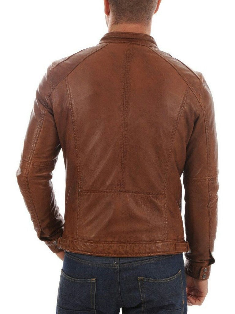 Majestic Leather - New Men's Genuine Lambskin Leather Jacket TAN Slim Fit Biker Motorcycle Jacket
