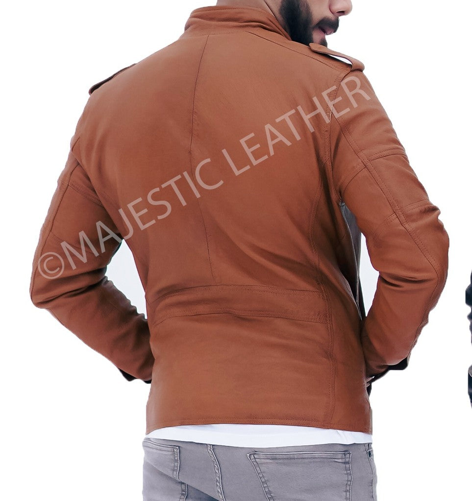 Majestic Leather - Men's Cafe Racer Camel Brown Real Leather Jacket