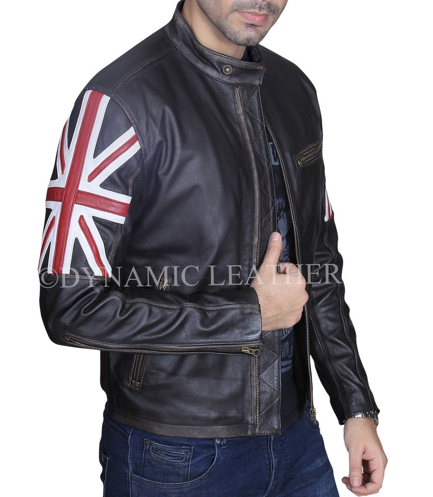 Majestic Leather - Mens Biker Vintage Distressed Brown Union Jack Cafe Racer Leather Jacket