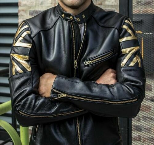 Majestic Leather - Mens Biker Vintage Motorcycle Black Cafe Racer UK Flag Union Jack Leather Jacket