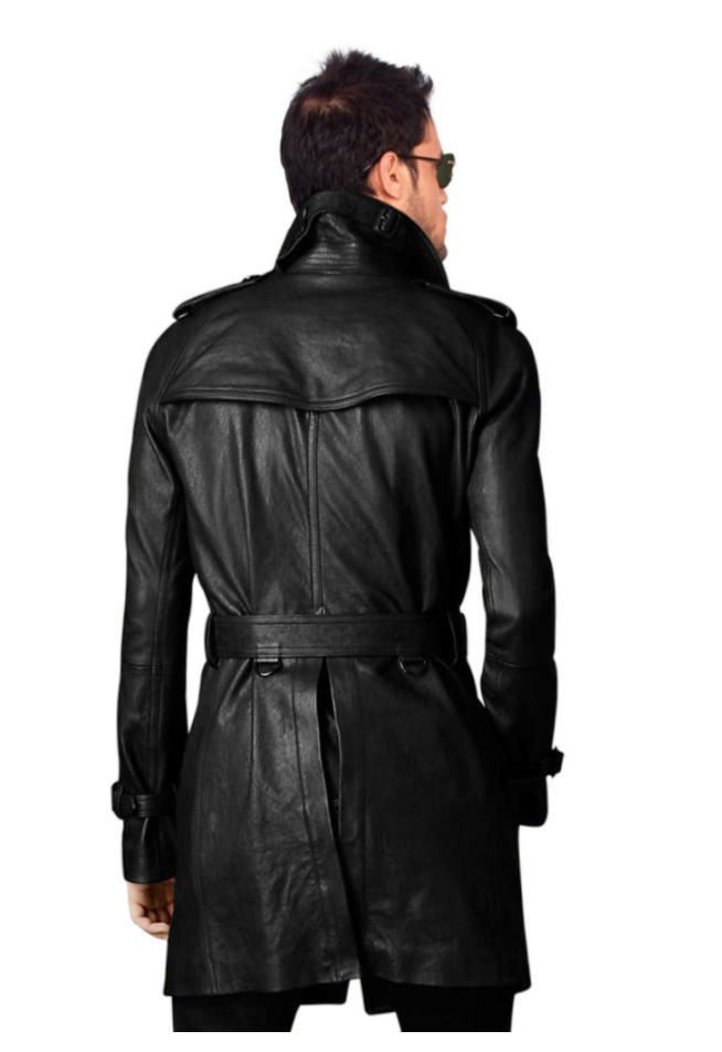 Majestic Leather - MEN'S STYLISH BELTED BLACK LONG COAT, LEATHER TRENCH COAT, PEA COAT