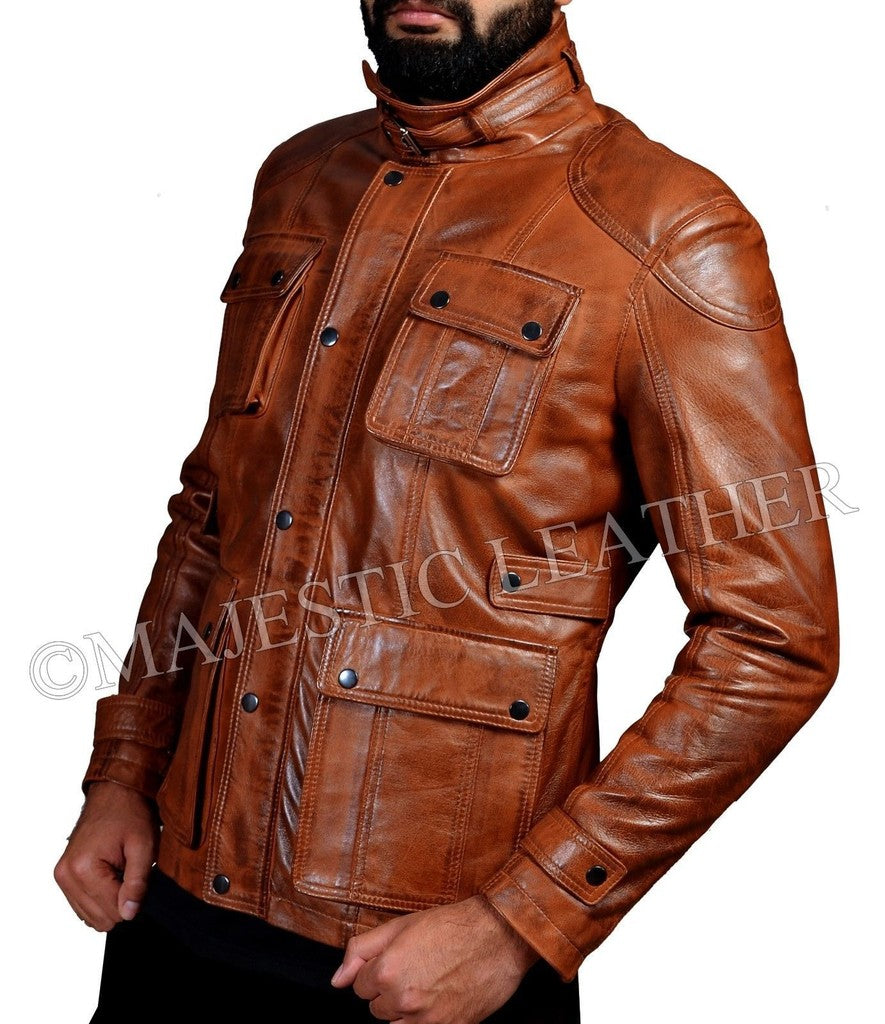 Majestic Leather - Men's Biker Vintage Antique Brown Studded Hunter Pocket Real Leather Jacket