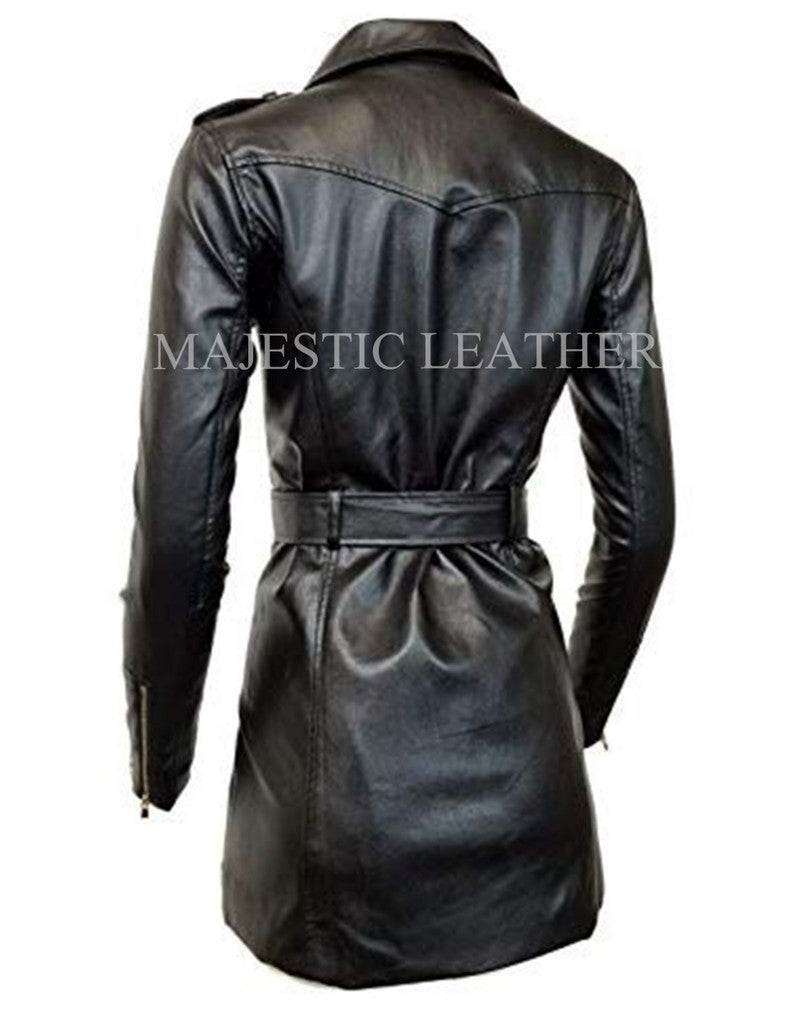 Majestic Leather - Women's Zip-up Long Jacket Belt Real Leather Trench Coats