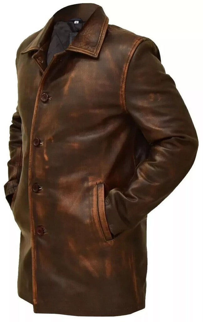 Majestic Leather - New Men's Western Distressed Sheepskin Sheriff Long Real Leather Jacket Coat