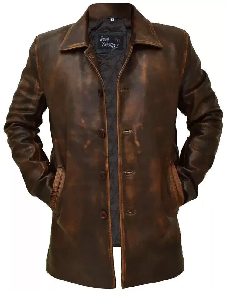Majestic Leather - New Men's Western Distressed Sheepskin Sheriff Long Real Leather Jacket Coat
