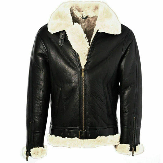 Majestic Leather - Mens Black Leather Jacket Genuine Sheepskin Aviator Fur B3 Bomber