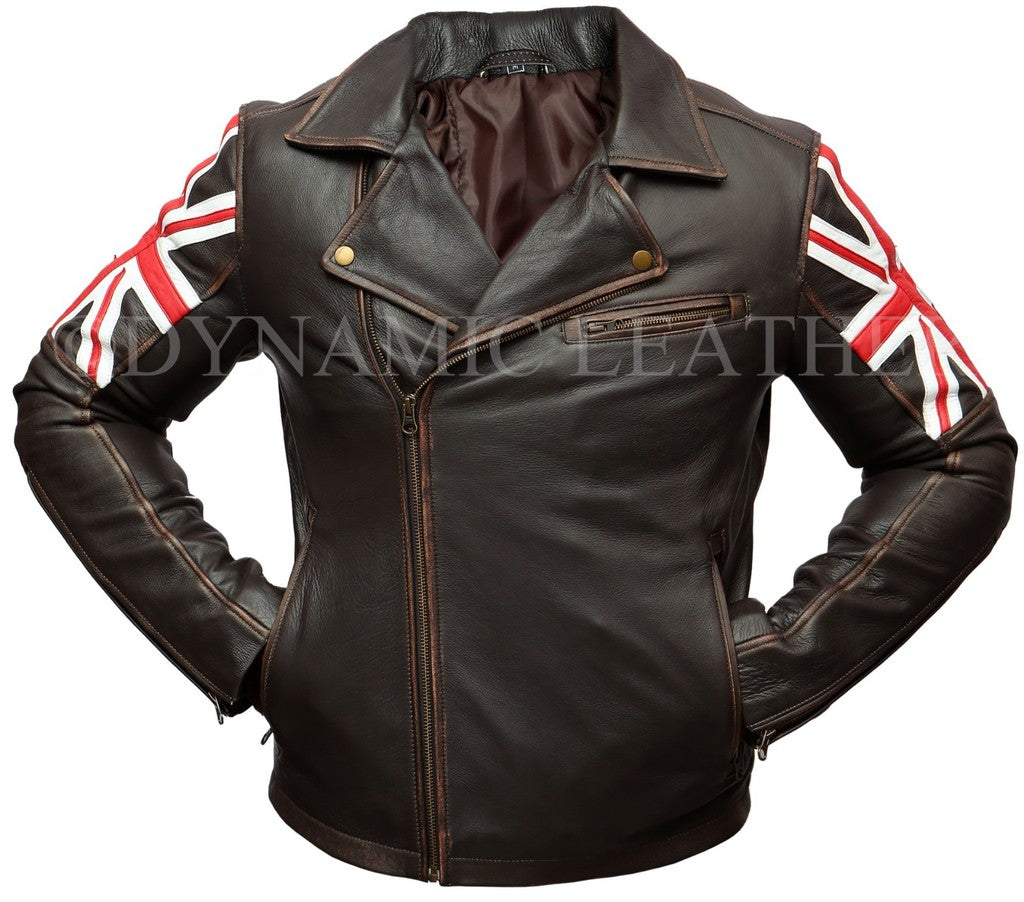 Majestic Leather - Mens Biker Vintage Distressed Brown Union Jack 2 Cafe Racer Leather Jacket