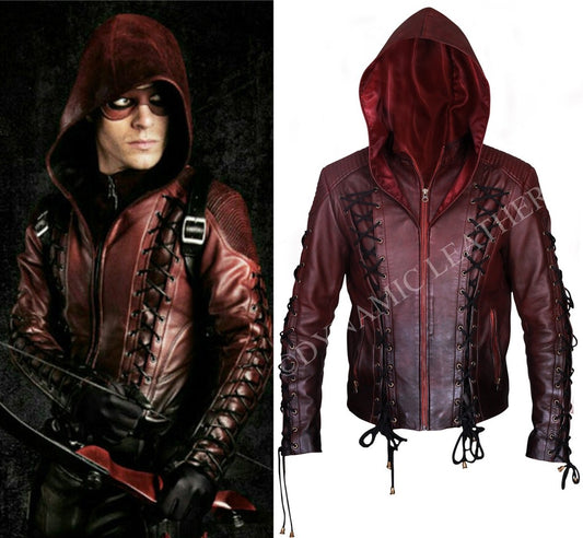 Majestic Leather - Arrow Arsenal Red Colton Haynes Hooded Costume Leather Jacket