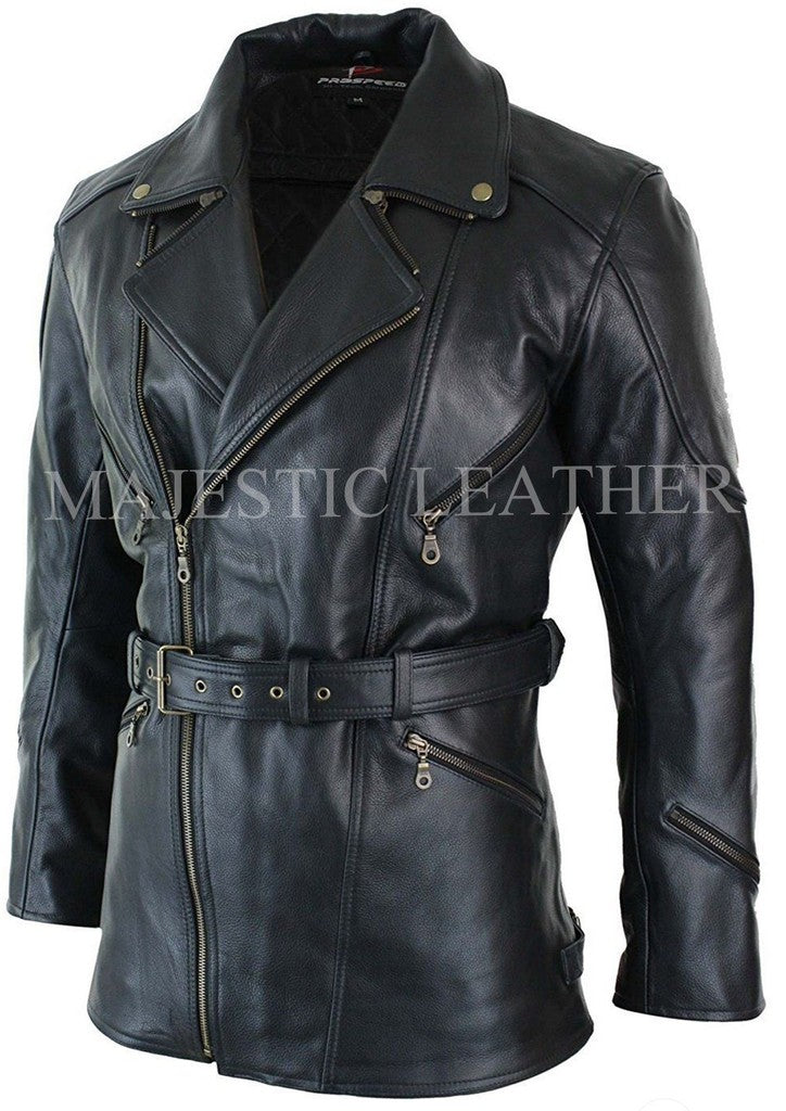 Majestic Leather - Men's Brown 3/4 Motorcycle Biker Long Cow Hide Leather Jacket