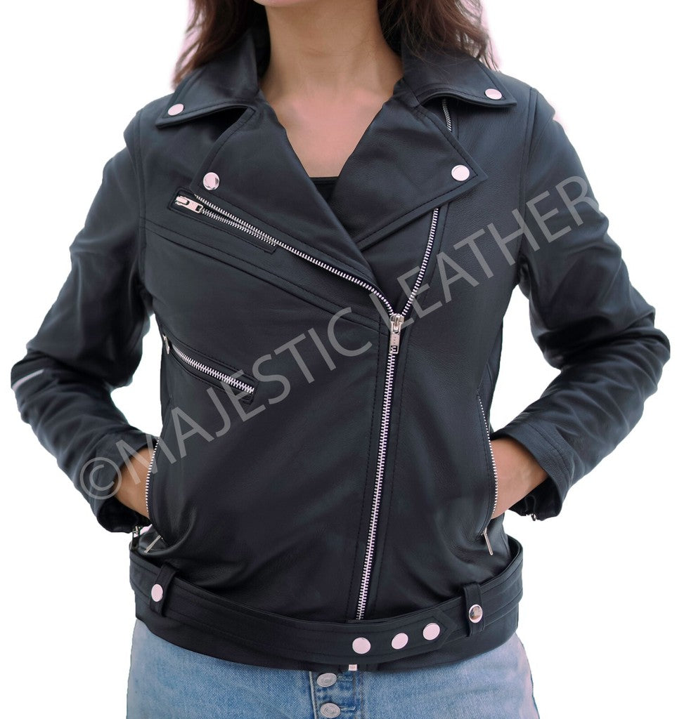 Majestic Leather - Women Real Leather Classic Biker Leather Jacket Soft Lambskin
