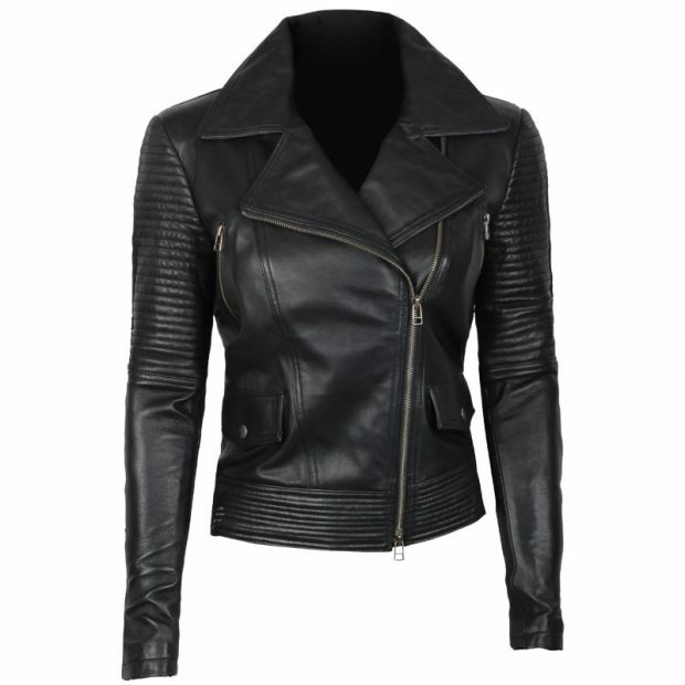 Majestic Leather - Women's Stylish Gal Gadot Black Slim Fit Biker Style Moto Real Leather Jacket