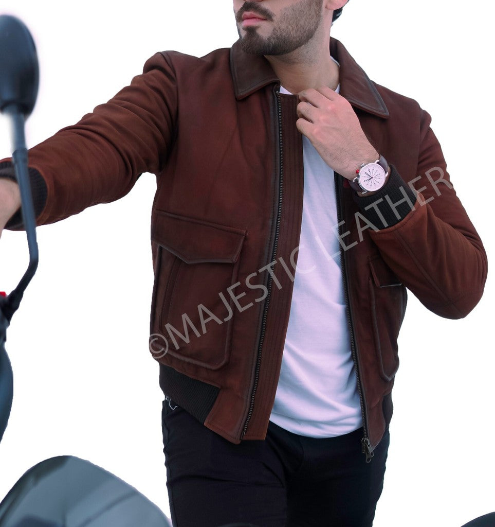 Majestic Leather - New Aviator Bomber Pilot Brown Nubuck Leather Jacket