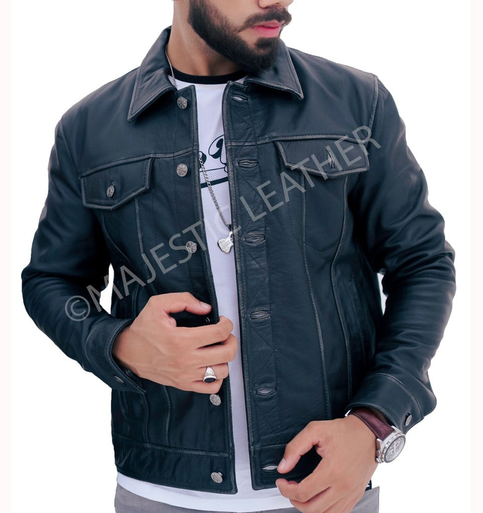 Majestic Leather - New Men's Trucker Black Vintage Biker Leather Jacket