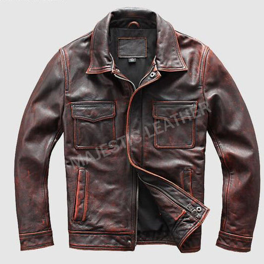 Majestic Leather - Men’s Motorcycle Biker Vintage Cafe Racer Distressed Brown Real Leather Jacket