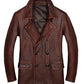 Majestic Leather - Mens Brown Blazer Coat Peacoat Motorcycle Cafe Racer Distress Leather Jacket