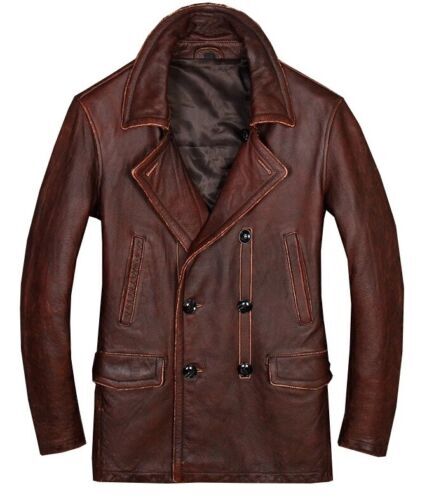 Majestic Leather - Mens Brown Blazer Coat Peacoat Motorcycle Cafe Racer Distress Leather Jacket