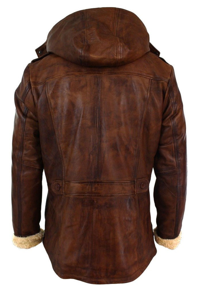 Majestic Leather - Brown Man 3/4 Marroncino with Hood Safari Hair Winter along Real Skin