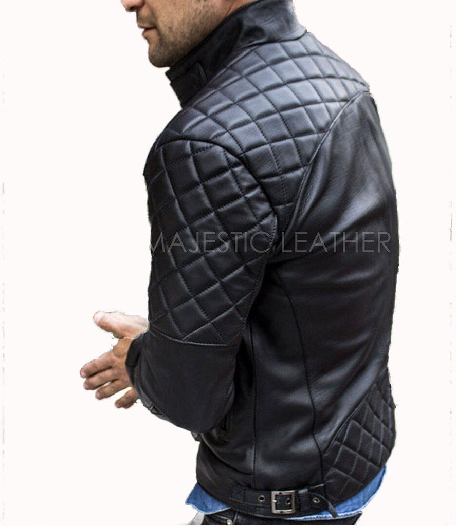 Majestic Leather - Men's Black Biker Quilted Slim Fit Motorcycle Cafe Racer Leather Jacket