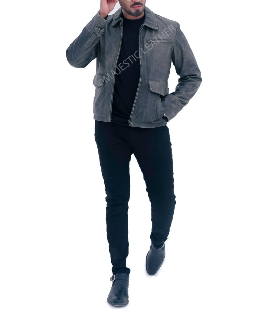 Majestic Leather - MEN'S AVIATOR DISTRESS BLACK GREY REAL LEATHER JACKET