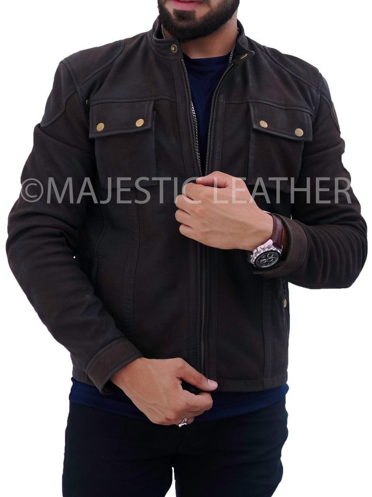 Majestic Leather - New Mens Choco Brown Real Lambskin Nubuck Snuff Premium Leather Jacket