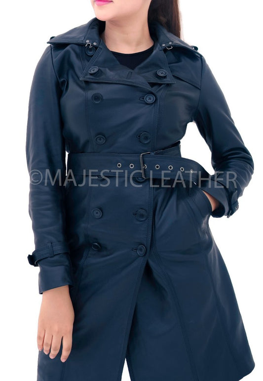 Majestic Leather - New Ladies Women Black Genuine Real Leather Trench Coat