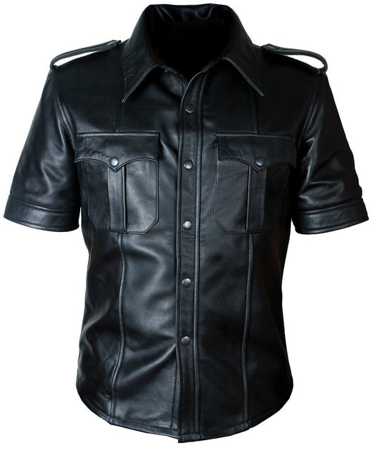 Majestic Leather - Mens Hot Genuine Real Leather Police Uniform Bluff Gay Shirt