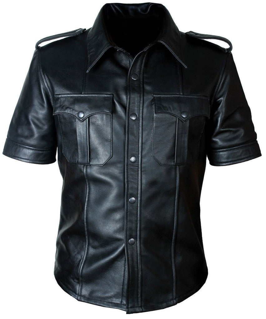 Majestic Leather - MEN'S BLACK POLICE STYLE SLIM FIT BLUFF GAY SHIRT SHEEP LAMB