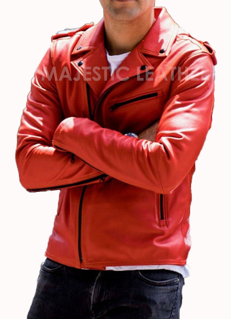 Majestic Leather - Men's Fashion Red Vintage Motorcycle Cafe Racer Genuine Leather Jacket