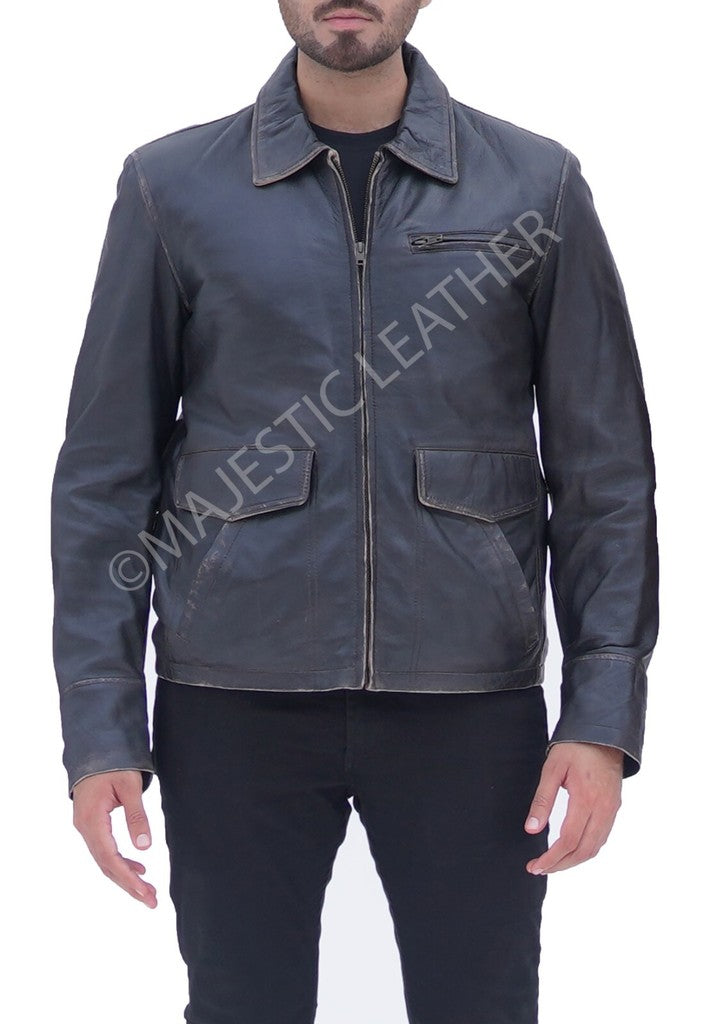 Majestic Leather - Aviator Distress Black Grey Real Leather Jacket