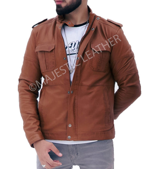 Majestic Leather - Men's Cafe Racer Camel Brown Real Leather Jacket