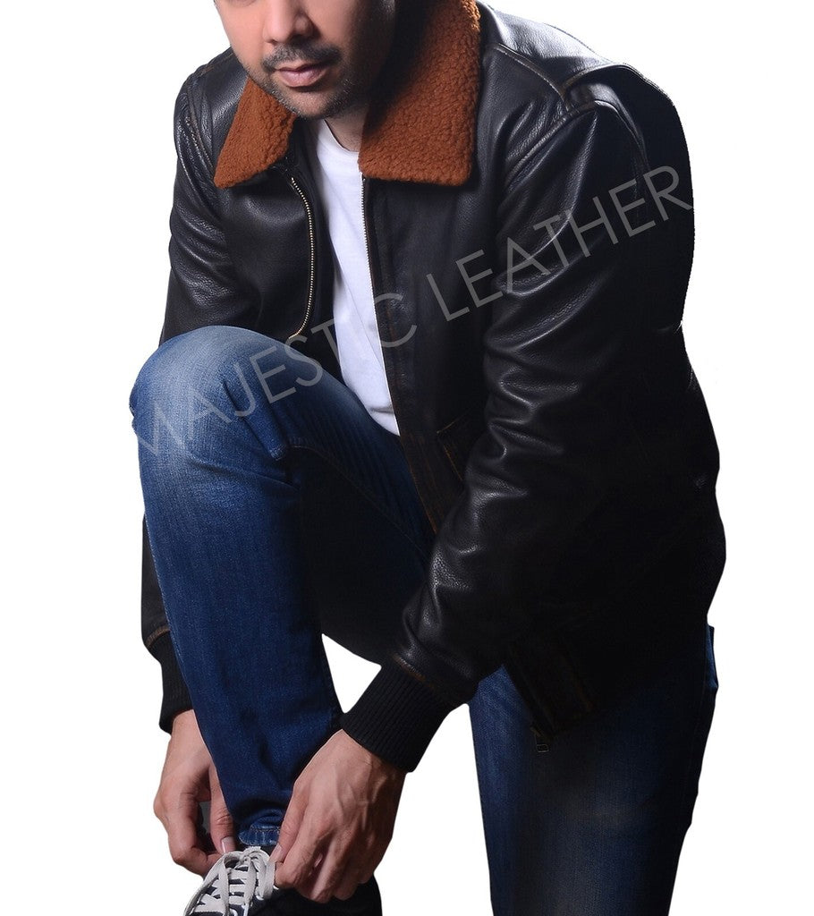 Majestic Leather - Mens G-1 Navy Leather Bomber Distressed Brown Real Leather Jacket