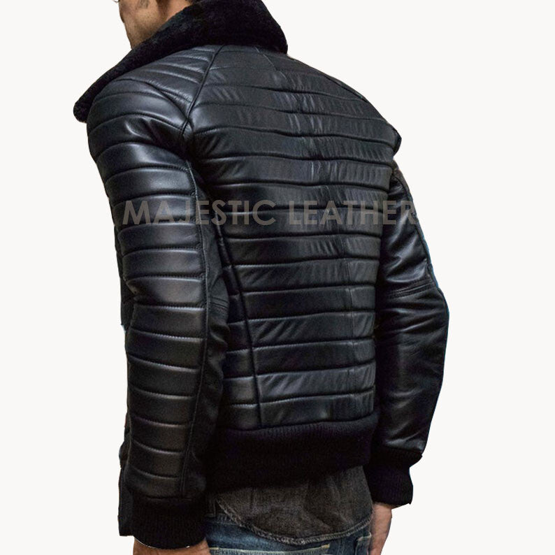 Majestic Leather - Men's Double Black Puffer Luxury Winter Real Leather Biker Racer Jacket