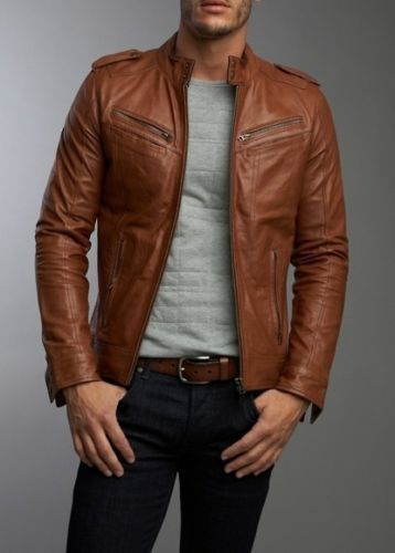 Majestic Leather - Men's Real Lambskin Tan Brown Leather Motorcycle Jacket Slim fit Biker Jacket