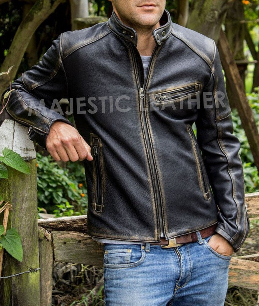Majestic Leather - Men’s Motorcycle Biker Vintage Cafe Racer Distressed Black Real Leather Jacket