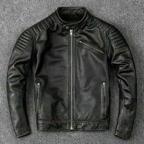 Majestic Leather - Mens Biker Vintage Motorcycle Distressed Black Cafe Racer Leather Jacket