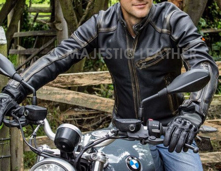 Majestic Leather - Men’s Motorcycle Biker Vintage Cafe Racer Distressed Black Real Leather Jacket