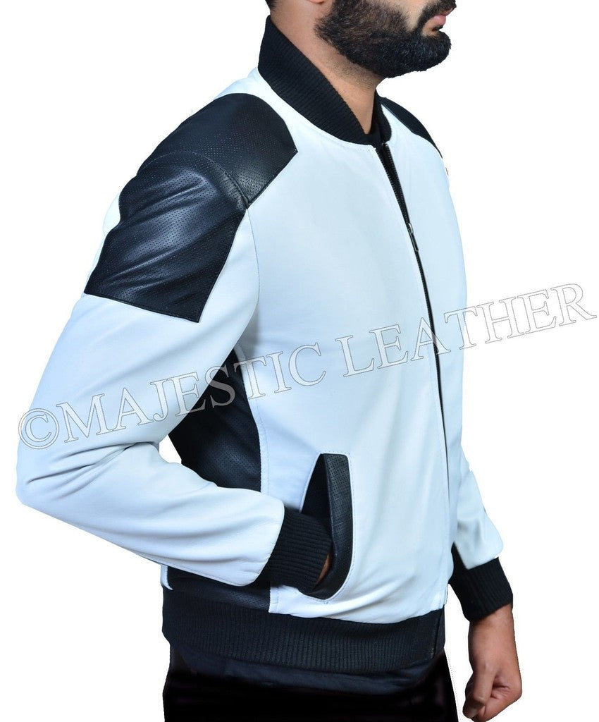 Majestic Leather - Mens Leather Bomber Slim Fit White and Black Real Soft Perforated Leather Jacket